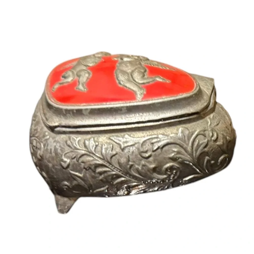 VTG Silver Tone Red Velvet Lined Metal Footed Cherub Jewelry Trinket Box Japan